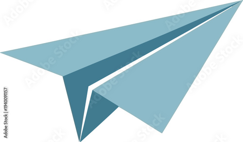 Modern blue paper airplane in mid flight on beige background