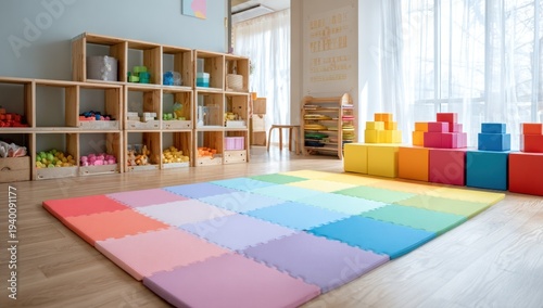 Colorful Playroom with Educational Toys and Shelves.