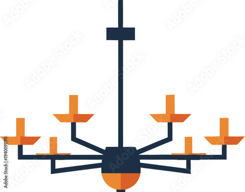 Modern six-light chandelier with orange and black accents