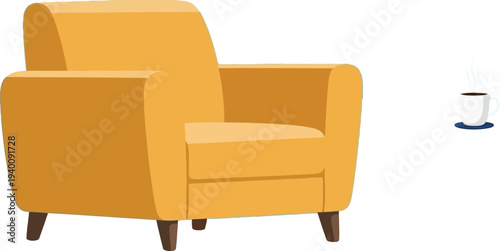 Cozy living room scene with yellow armchair and steaming coffee cup on side table
