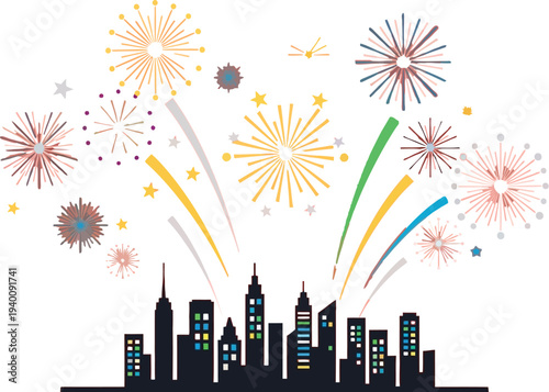 Vibrant city skyline celebrating with colorful fireworks display