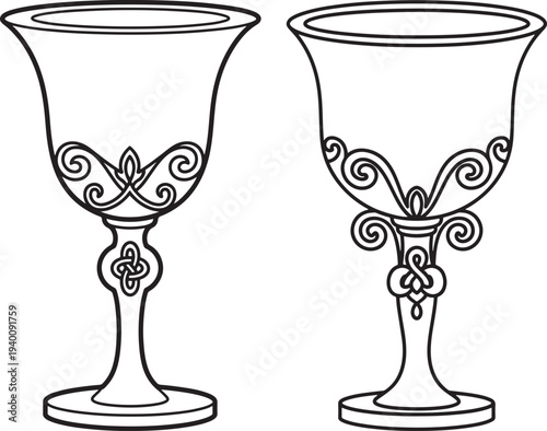Ornate outline icons of chalices or goblets with decorative swirls, symbolizing celebration, royalty, or vintage drinks