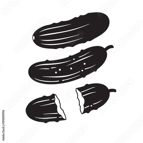 Pickle Illustrations: Whole and Broken Gherkins with Niche Details Isolated on white background