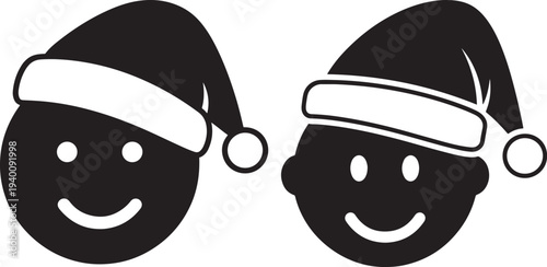 Two simple black icons of faces wearing Santa hats, representing Christmas, holidays, and festive cheer