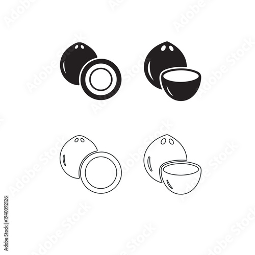 Coconut Icons: Whole and Halved Tropical Fruit Vector Graphics Isolated on white background