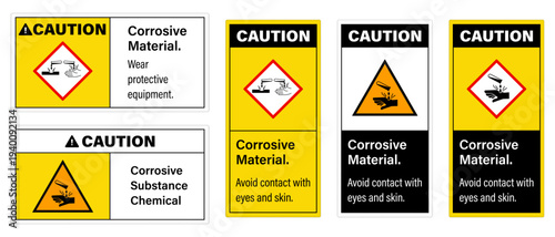 Corrosive sign. Chemical hazard icon. Corrosive Material Symbol. Notice, Caution, Warning and Danger Corrosive sign. Corrosive substance chemical icon.