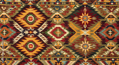 Traditional tribal textile pattern with aztec style ornaments and vintage bohemian design