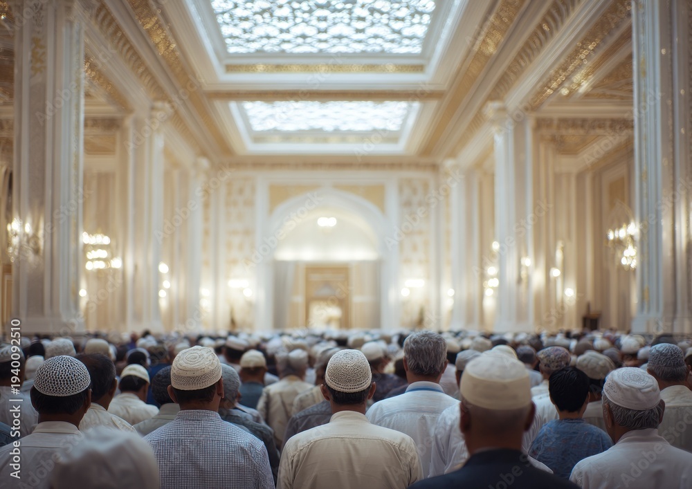 Fototapeta premium Men Gathering in Grand Mosque for Prayer.