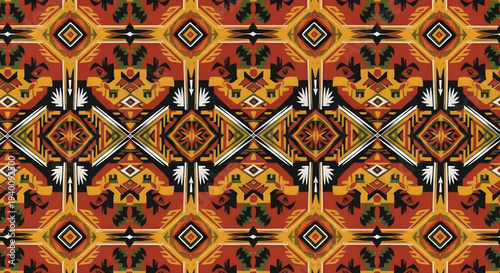 Traditional tribal ornament wallpaper, repeating ethnic motifs with bold symmetrical layout
