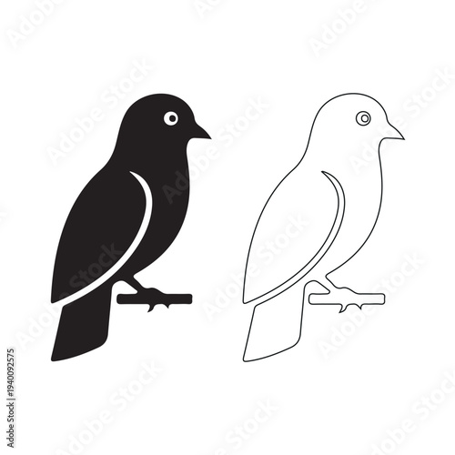 Two Birds One Silhouette One Outline Perched on Branch Isolated on white background