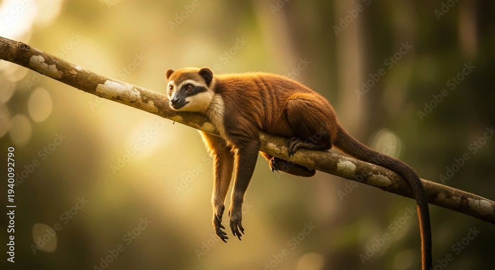 Obraz premium Cute brown monkey resting on tree branch in the jungle with soft light filtering, serene animal