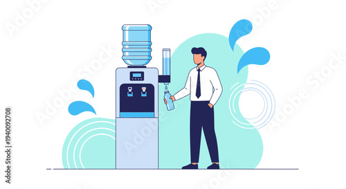 Office worker filling water bottle from cooler dispenser, refreshment and hydration concept