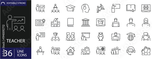 Teacher icons set. Includes symbols of educators, classrooms, books, teaching tools, lessons, and academic guidance. Editable stroke. Vector illustration. Outline icons. Perfect for education.