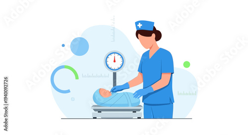 Nurse weighing newborn baby on scale, healthcare and medical checkup concept