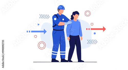 Paramedic assists person, medical help, emergency response, healthcare support, guidance