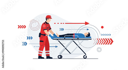 Paramedic pushing patient on stretcher, emergency medical service, healthcare concept