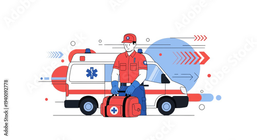 Paramedic with Medical Bag and Ambulance, Emergency Medical Services Concept