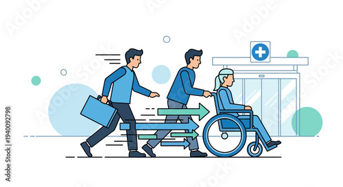 Patient in wheelchair being pushed towards hospital entrance by caregiver, symbolizing progress and care