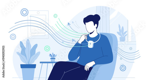 Person wearing personal air purifier necklace, breathing clean air indoors, healthy lifestyle concept