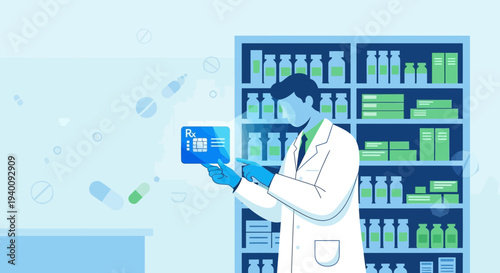 Pharmacist holding digital prescription in modern pharmacy with shelves of medicine