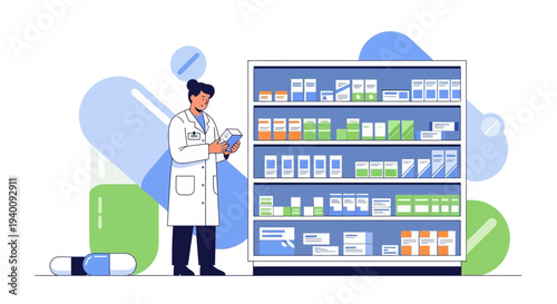 Pharmacist In White Coat Checking Inventory In Pharmacy With Shelves Full Of Medicine