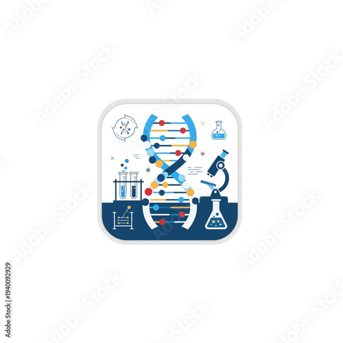 A colorful vector graphic illustration of a robot surrounded by laboratory equipment and tools
