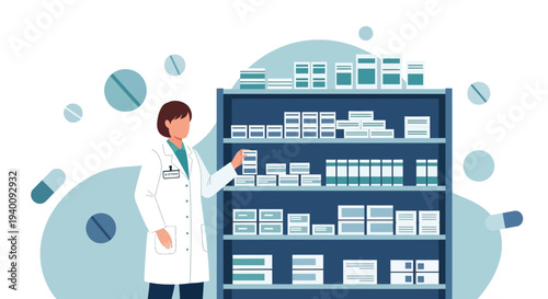 Pharmacist in white coat organizing medicine on shelves in a pharmacy, healthcare concept.