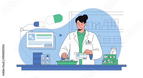 Pharmacist preparing medication with prescription and pills at counter