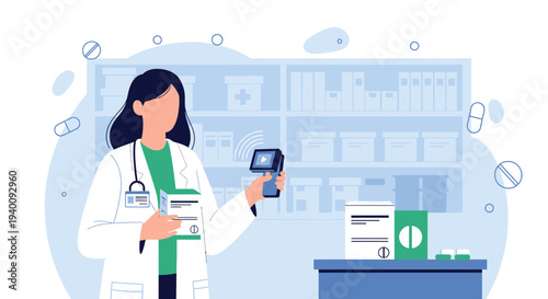 Pharmacist Scanning Medication in Pharmacy with Shelves of Drugs and Pills