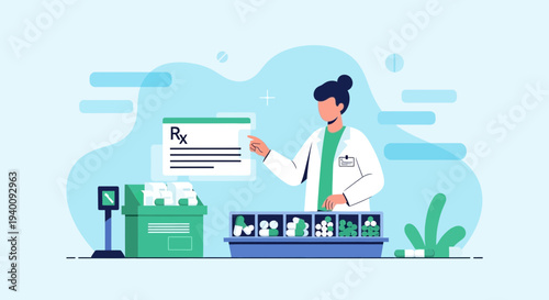 Pharmacist preparing medication with prescription and pills in pharmacy