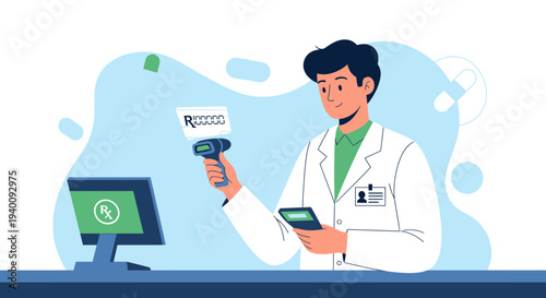 Pharmacist scanning prescription with barcode reader at counter, modern pharmacy technology