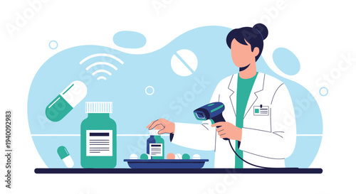 Pharmacist Scanning Medication with Barcode Scanner in Modern Pharmacy