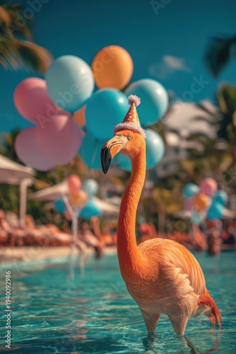 Pink Flamingo Floatie in Pool with Balloons.