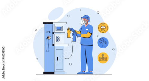 Professional cleaner in protective gear sanitizing industrial equipment with spray bottle