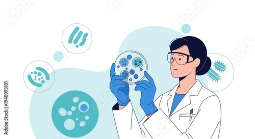 Scientist examines petri dish with bacteria cultures, laboratory research, microbiology concept