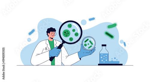Scientist examining bacteria in petri dish with magnifying glass, laboratory research concept