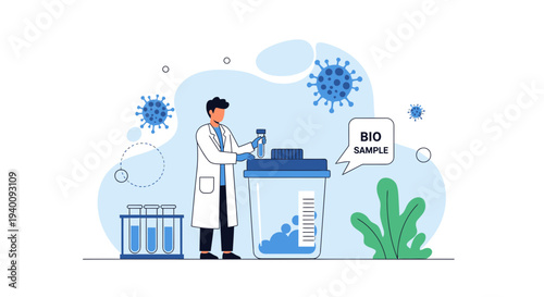 Scientist analyzing biological sample with virus particles in laboratory, medical research