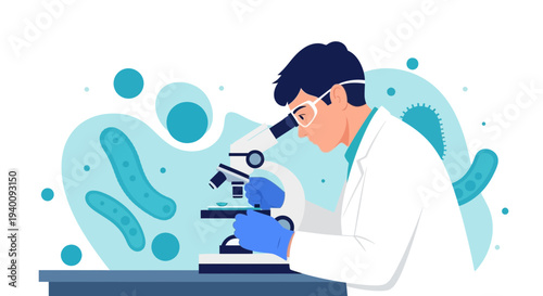 Scientist examining microorganisms under a microscope, laboratory research and discovery