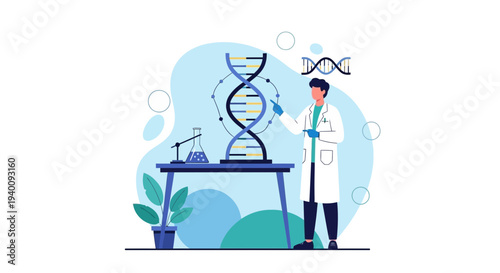 Scientist examining DNA helix in laboratory, genetic research concept