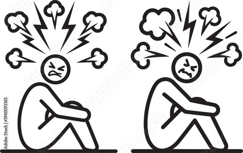 Frustrated stick figures sitting with heads down, expressing anger and stress with lightning and smoke symbols