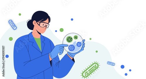 Scientist examining petri dish with bacteria, microscopic organisms, laboratory research