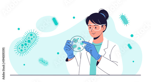 Scientist examining petri dish with bacteria in laboratory, science research concept