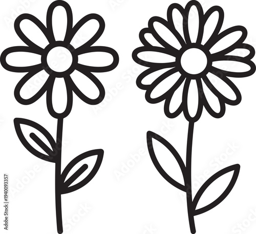 Simple outline illustration of two daisy flowers with stems and leaves on a white background