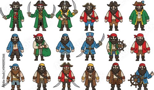 Set of cute cartoon pirate characters with beards and hats, funny buccaneer sailors holding swords and ship wheels, maritime adventure vector illustration isolated on white.