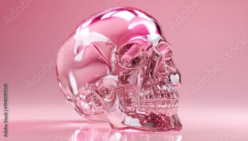 Transparent Glass Skull on Pink Background.