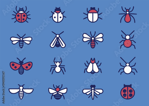 A grid of sixteen insect icons depicting spiders and winged bugs with dark blue line art and solid red or white color fills on a blue base.