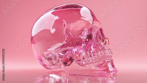 Transparent Pink Glass Skull on Pink Background.