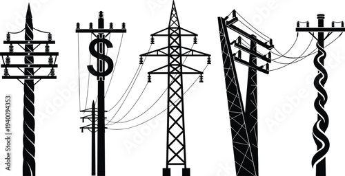 Set of high voltage electricity utility poles and power line silhouettes, electrical distribution network infrastructure with transmission towers isolated on white background for design.