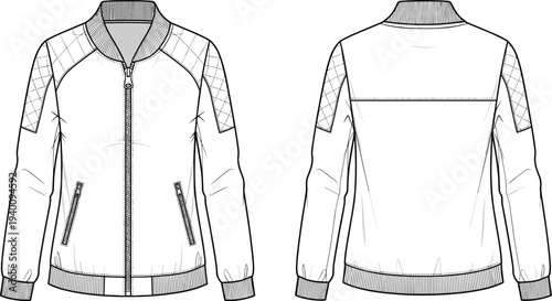 Women's bomber jacket technical fashion flat sketch template front and back view, varsity jacket CAD drawing flat vector illustration, blank mockup