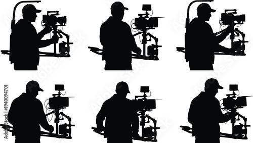 Set of professional cinematographer silhouettes using camera stabilization gimbal rigs, filmmaker characters filming video isolated on white background for movie production
